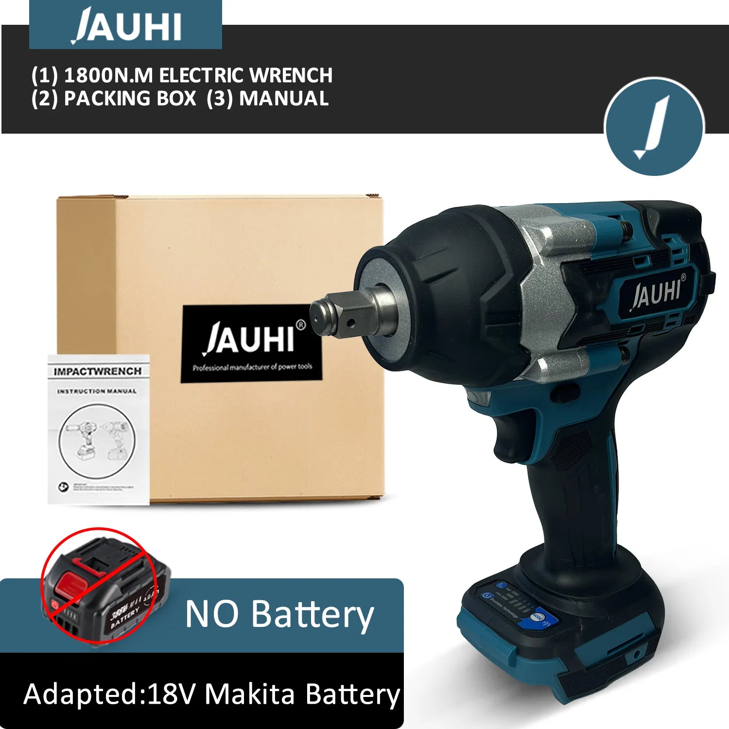 JAUHI 1800N.M Torque Brushless Electric Impact Wrench with 588VF Battery 1/2" Cordless Wrench Power Tool For Makita 18V Battery