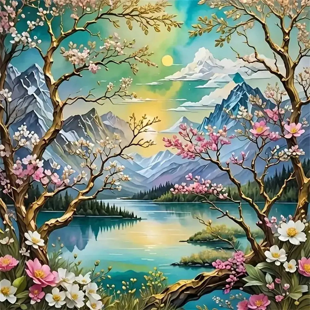 EverShine DIY Diamond Painting Mountain Tree Full Square Round Drill Embroidery Lake Scenery Full Layout Mosaic Set Wall Decor