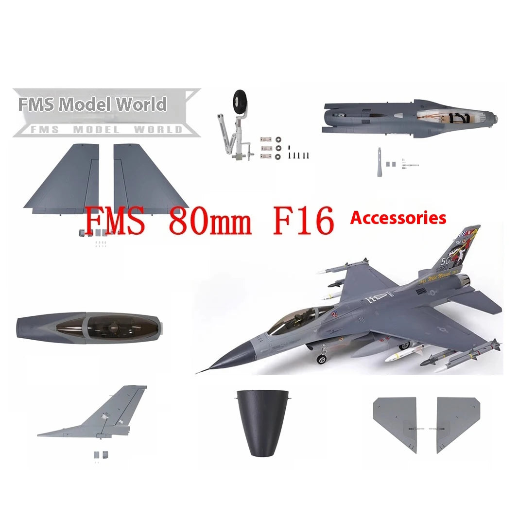Fms 80mm F16 Aircraft Complete Set Of Accessories, Fuselage, Main Wings, Flat Tail, Vertical Tail, Cockpit, Landing Gear,