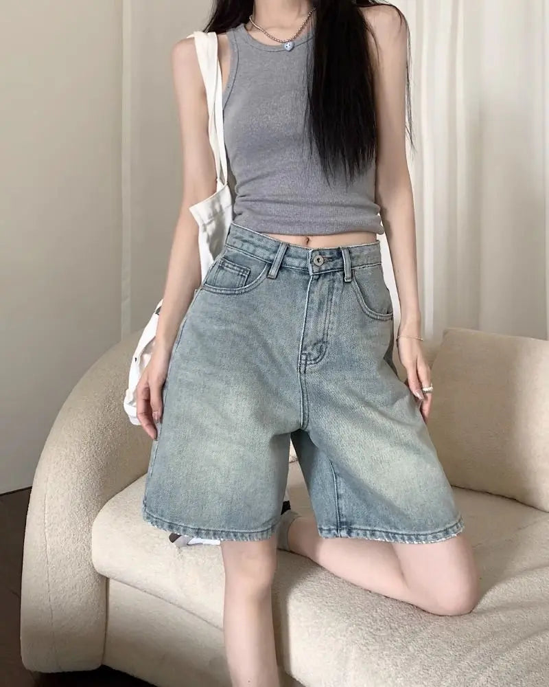 Deeptown Vintage Baggy Jorts Blue Shorts Jeans Woman Korean Fashion Wide Leg Knee Length Denim Pants Streetwear Summer Trousers