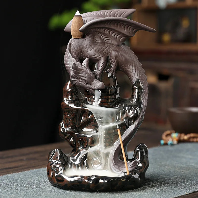 Creative Home Decor Ornaments Dragon Waterfall Backflow Incense Burner Pterosaur Ceramic Censer Incense Stick Holder -No Incense