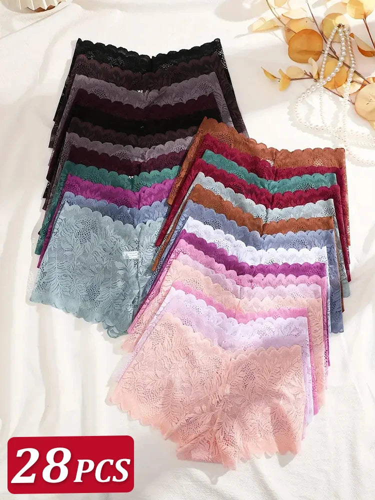 28Pcs/Set Seamless Lace Boxers Women Sexy Breathable Low Waist Female Underwear Soft Solid Color Intimates High Elastic Lingerie