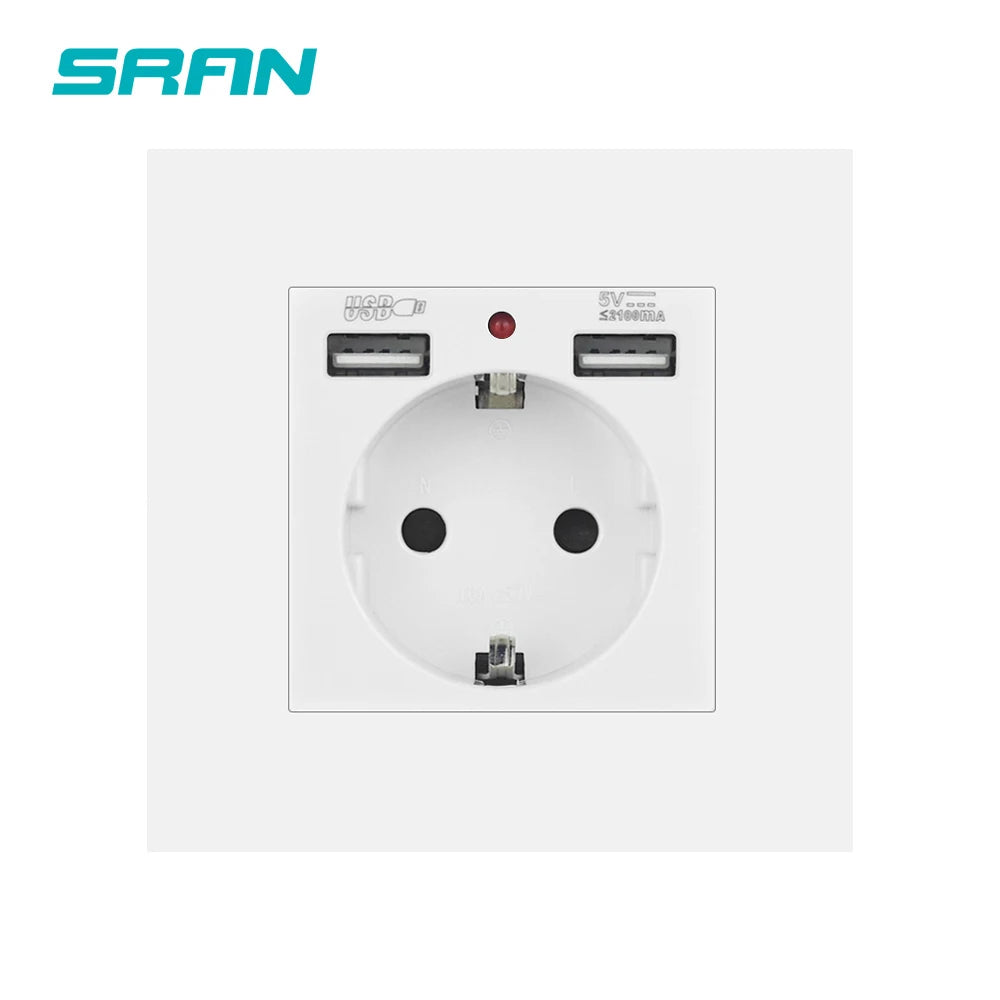 SRAN EU Power socket with usb charging for home,Type-c Usb plug 5V 2A PC Panel 86*86mm Usb wall socket LED ON/OFF 16A Outlet