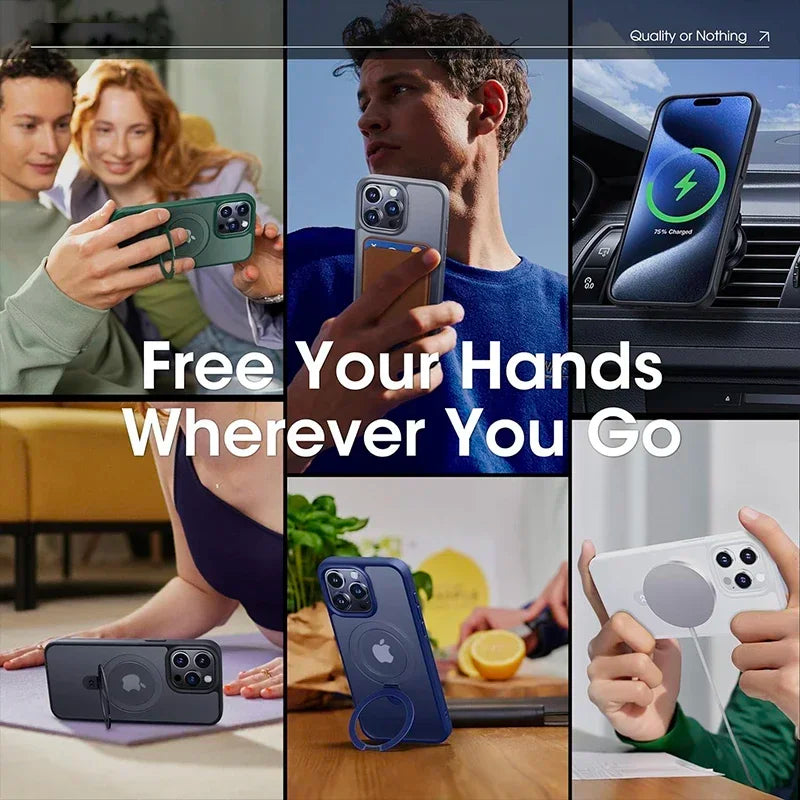 Metal Ring Stand Matte Magnetic Case for Magsafe IPhone 16 15 14 13 12 11 Pro Max Plus 16Pro with Lens Protector Mac Safe Cover