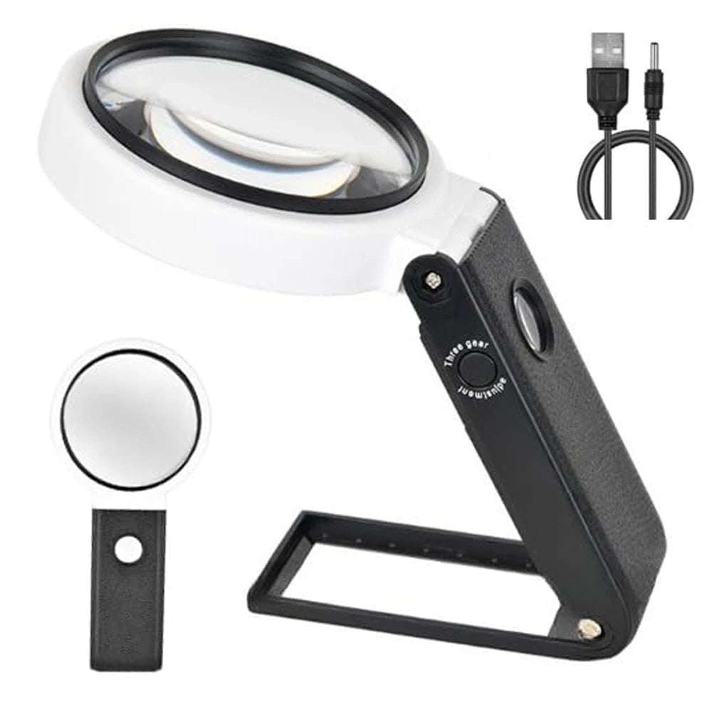 Folding Magnifying Glass Stand Table Magnifier With Led Lights illumination 6X / 25X Reading Magnifier to Jewelry Identify Coin