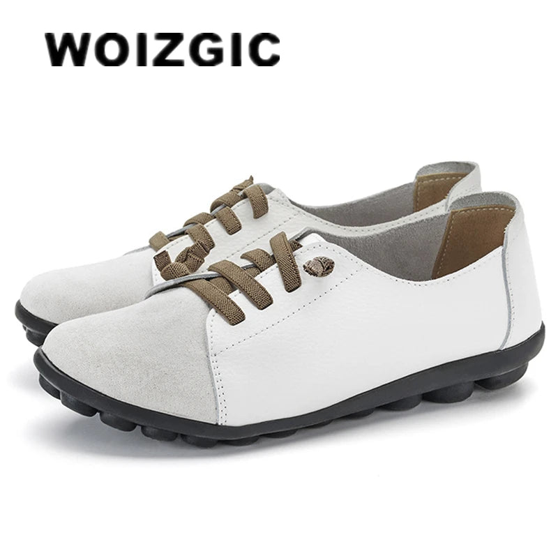 WOIZGIC Women's Genuine Leather Mother Ladies Shoes Flats Loafers Ballerina Lace Up Soft Moccains Plus Size 43 44 MX-052