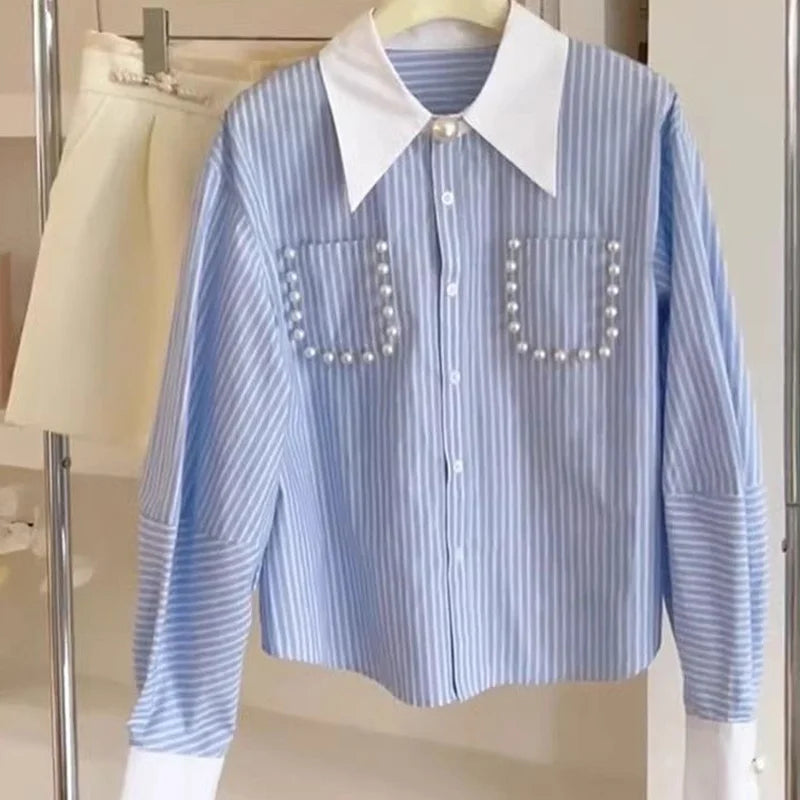 Simplicity Elegant Patchwork Long Sleeve Blouse Temperament Spring New Striped Shirts All-match Diamonds Turn-down Collar Tops