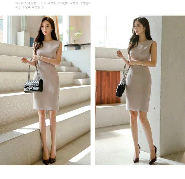 Office Ladies Sleeveless Bodycon Casual Midi Dress Women Summer Vintage Chic Elegant Business Party Birthday Clothes Female Robe