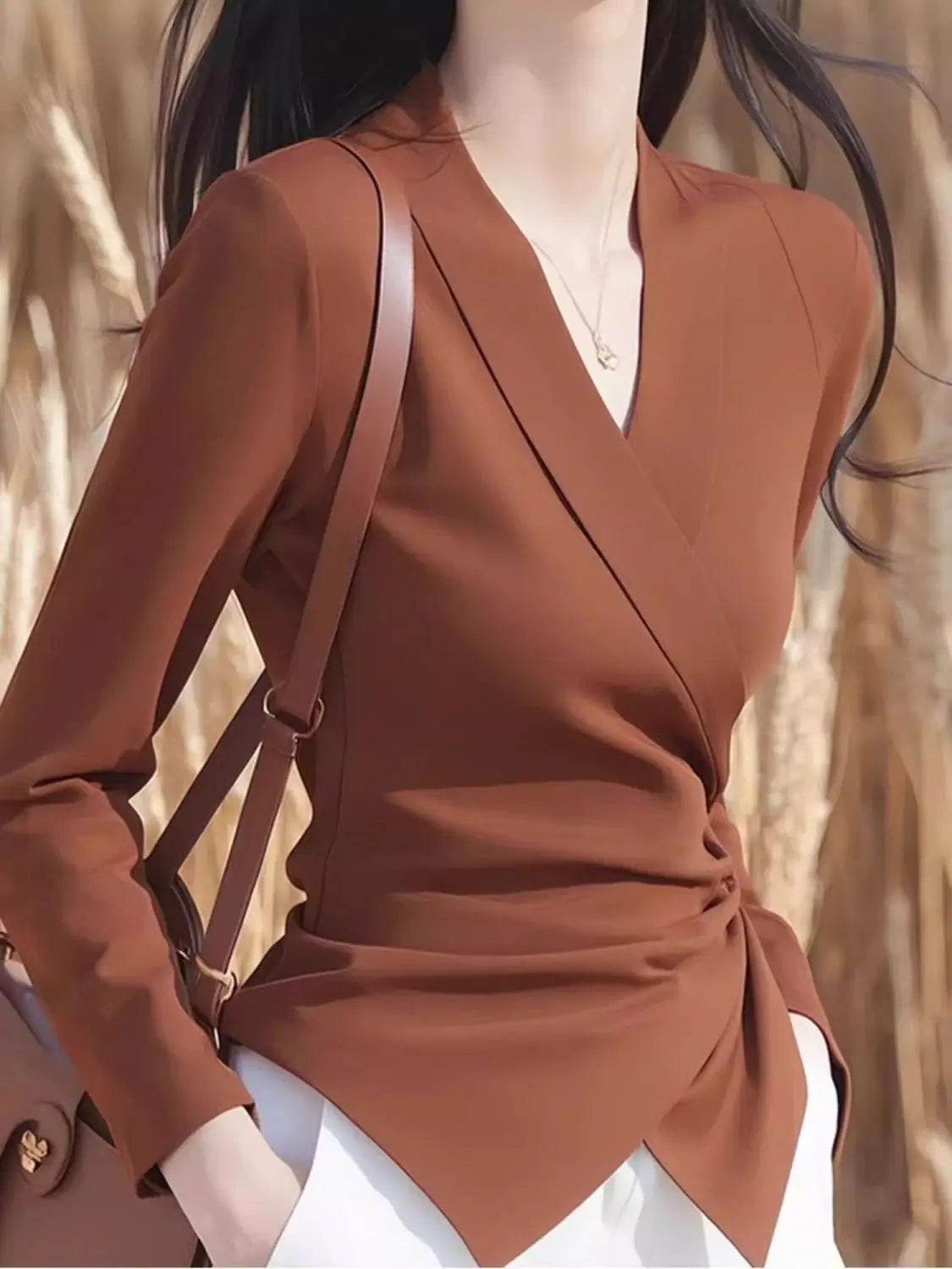 Spring Autumn New Women Clothing Office Lady Simplicity Irregular V-neck Long Sleeve Blouse Ladies Temperament Slim Pleated Tops