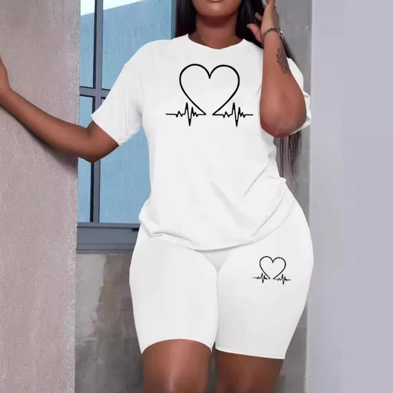 Summer Hot Sale Women's Heartbeat Printed Tracksuit O-Neck T-shirts Tight Shorts Urban Fashion Ladies Home Outdoor Casual Oufits