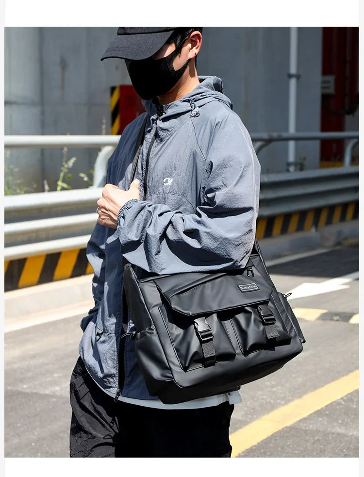 Men Shoulder Bag Solid Waterproof Firm Snap Multi-Pocket Casual Crossbody Bags for Unisex Flap Large Capacity