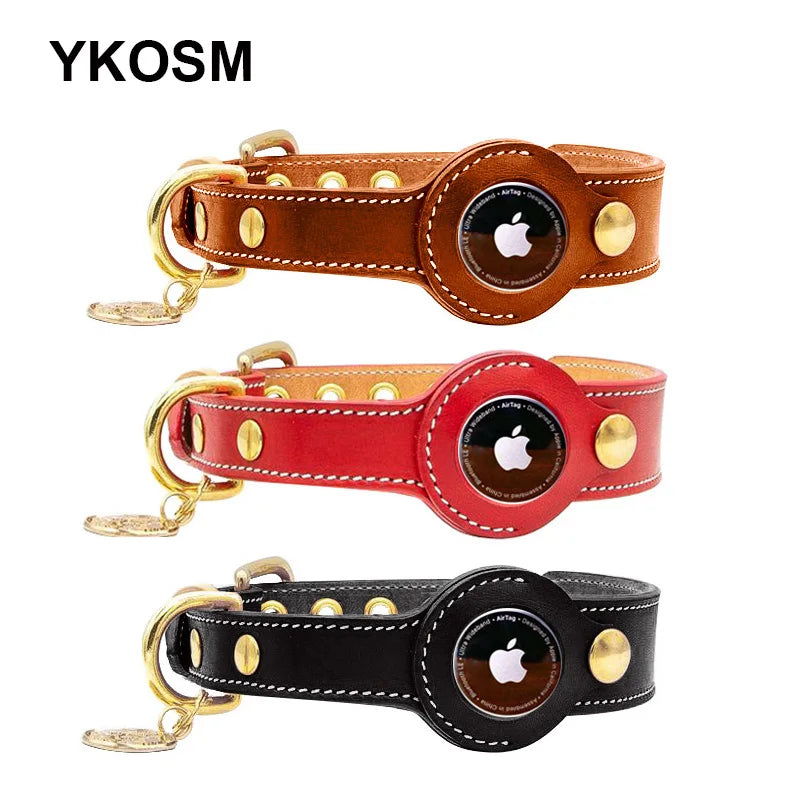 Luxury Genuine Leather Airtags Pet Collar Adjustable Dog Necklace For Puppy Medium Dog Anti-lost Pet Collar With Airtag Holder