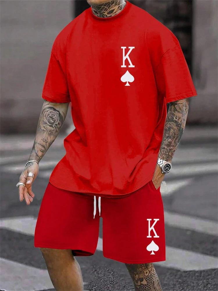 2025 Summer New Men's Short sleeved Shorts Set Fashion King Printed T-shirt Shorts 2 sets Casual Round Neck Jumping Breathable S