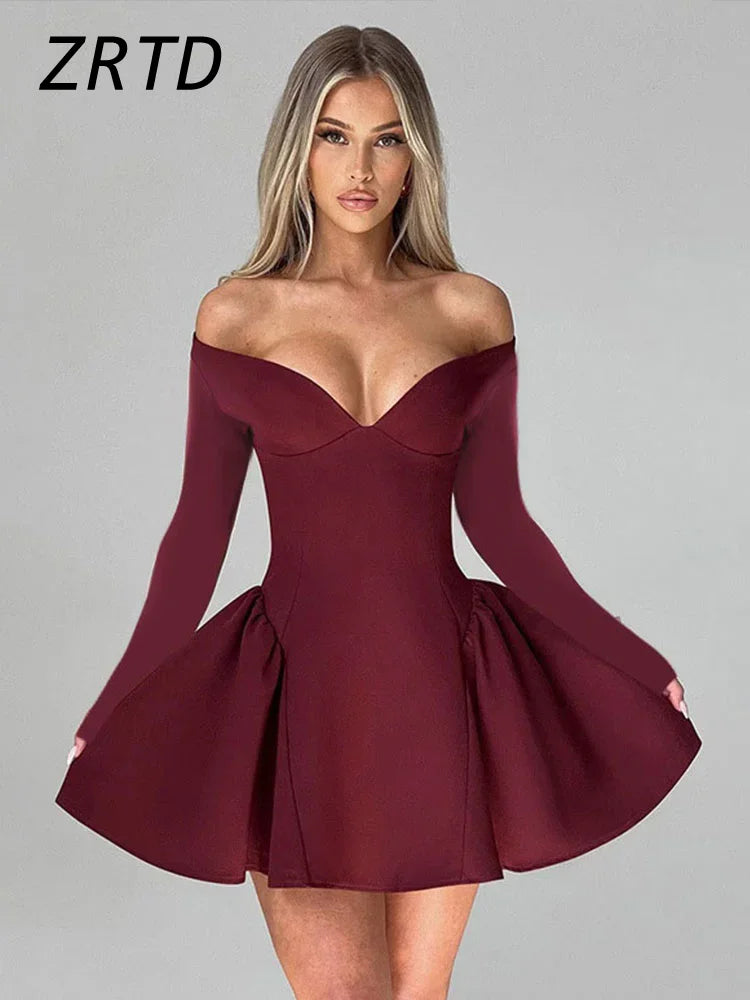 Sexy Burgundy Off Shoulder Short Party Dress Women Slim Backless Long Sleeve A-line Dresses 2024 Lady Elegant Solid Ball Gowns
