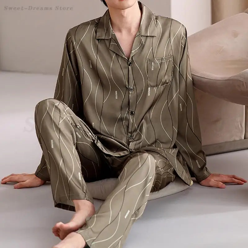 Men's Plus Size Pajamas Set Loungewear Spring Autumn Ice Silk Long Sleeved Trouser Pijama Mujer Male Casual Sleepwear Home Wear