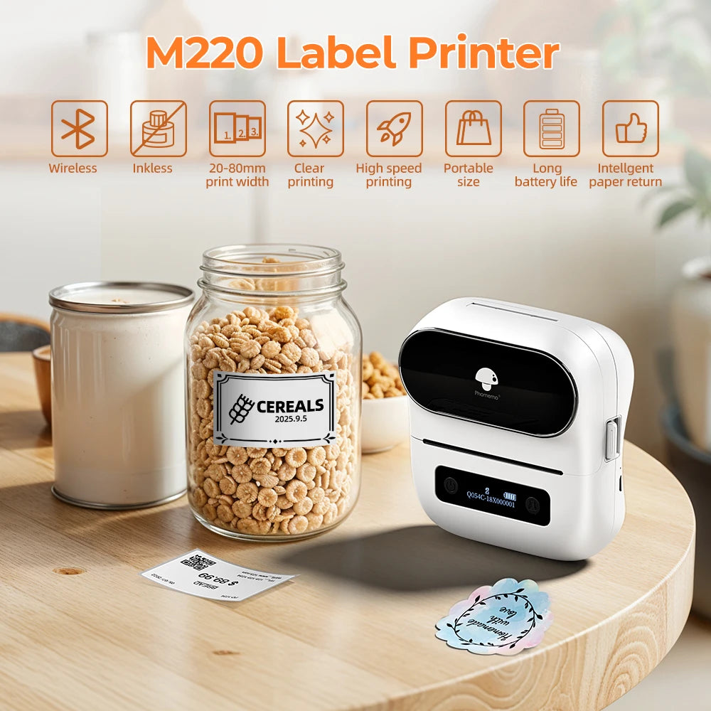 Phomemo M220 Label Printer 75mm Thermal Label Maker for Barcode Address Labeling Mailing File Folder Labels for Phone & PC