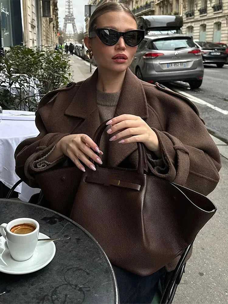 Solid Double Breasted Women Wool Coat Lapel Long Sleeve Pocket Female Short Blazer Jacket Chic Autumn Winter Lady Warm Outerwear