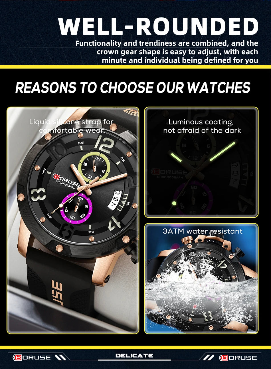 BORUSE Mens Fashion Sports Watches Brand Black Quartz Wristwatch Waterproof Luminous Man Silicone Chronos Business Wrist Watches