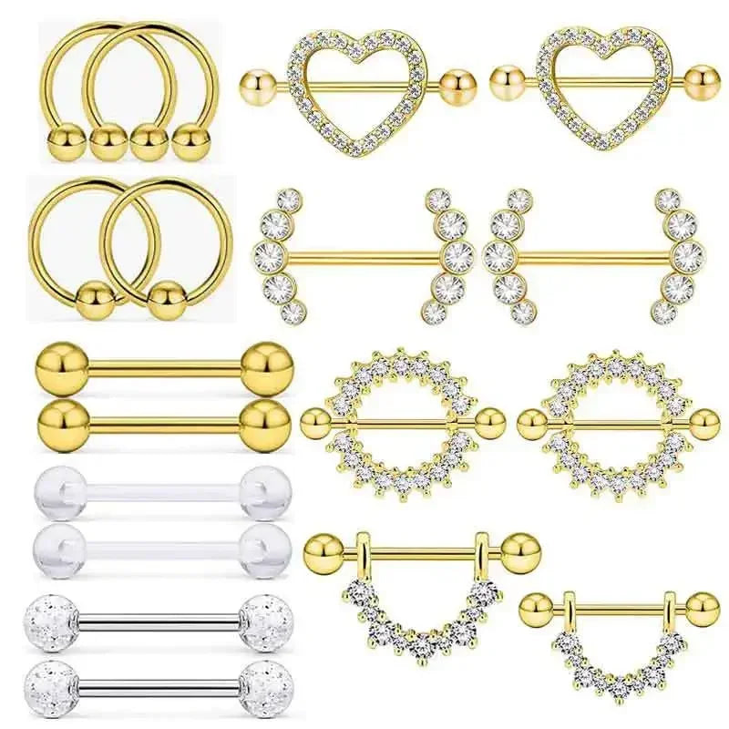 12PC/Set Stainless Steel Pink Heart Moon Nipple Piercing Kit Fashion Crystal Sexy Nipple Ring Body Jewelry Perforación Del Pezón