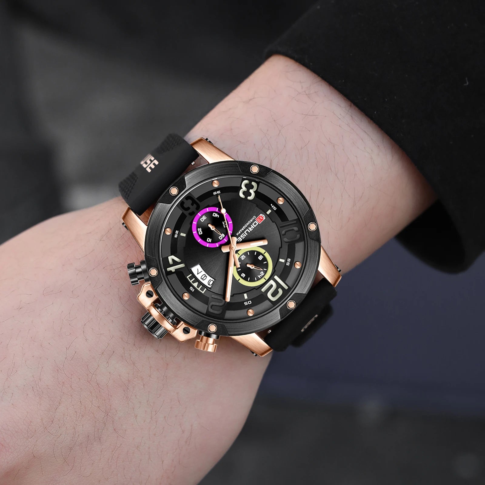 BORUSE Mens Fashion Sports Watches Brand Black Quartz Wristwatch Waterproof Luminous Man Silicone Chronos Business Wrist Watches