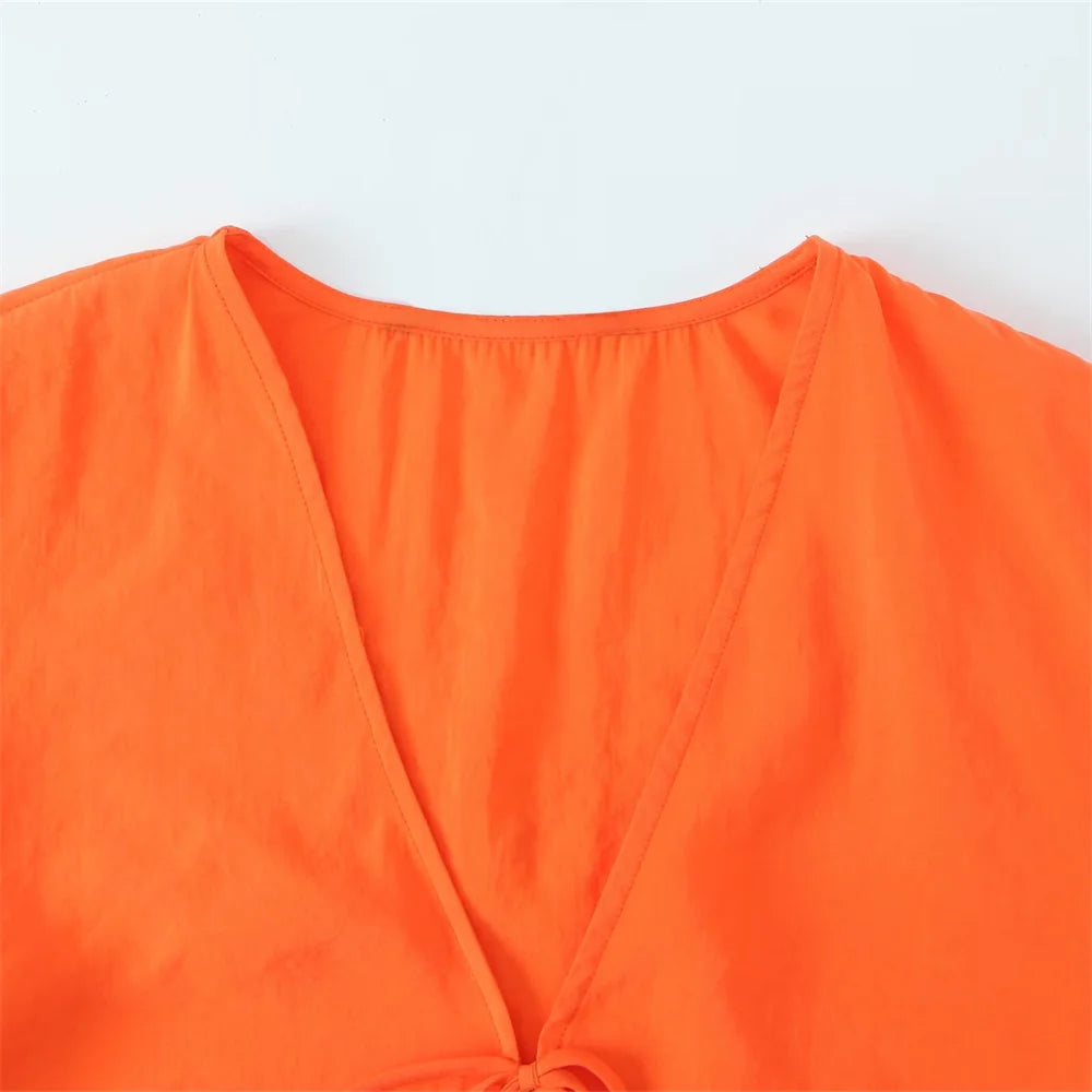 Zach Ailsa 2024 Summer New Product Women's Style Slim Fit V-neck Long Sleeve Lace up Flowing Short Shirt Top