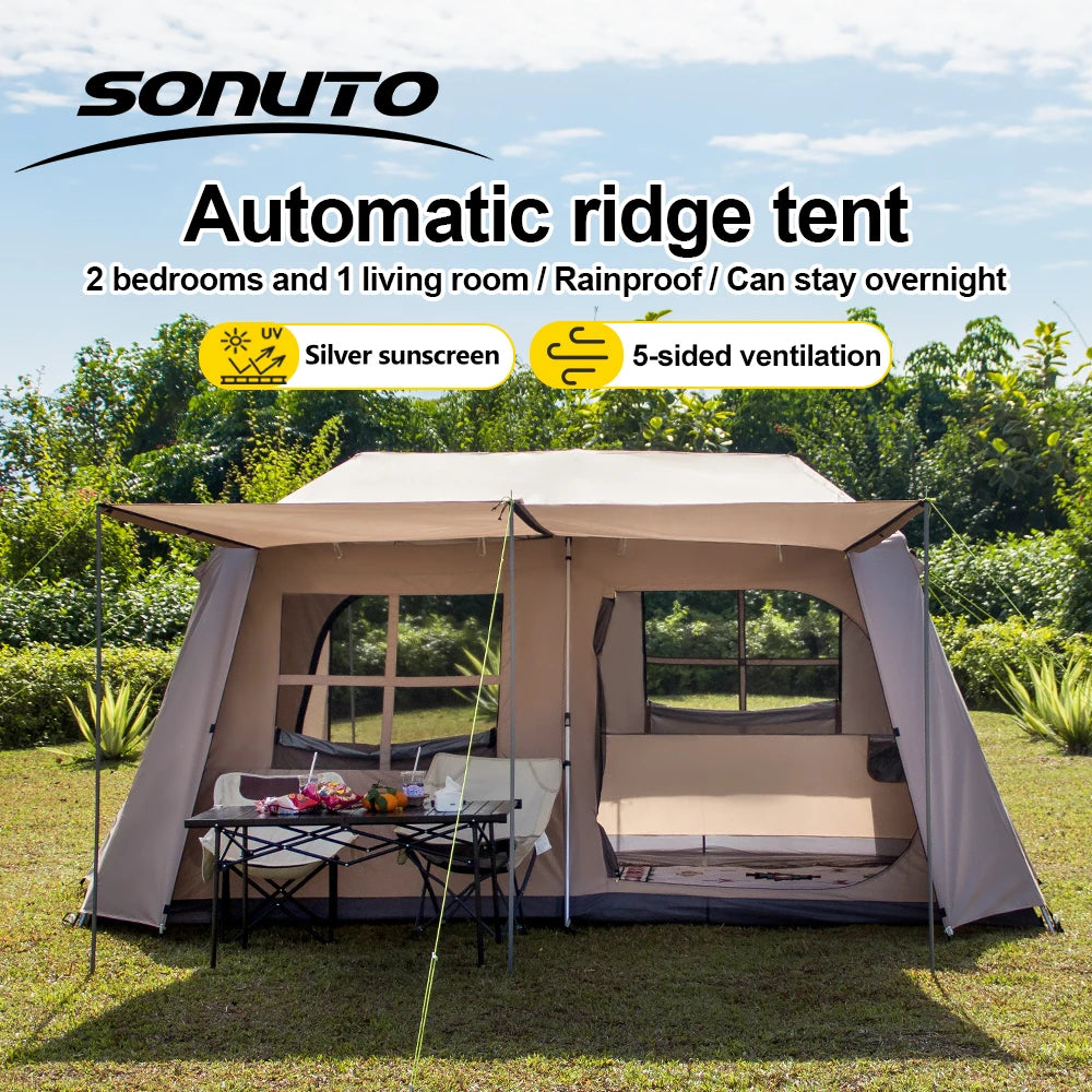 Sonuto Quick Setup Large Camping Automatic Tent 4-7 Person Double Hall Ridge Tent with Canopy Outdoor Family Adventures Tents