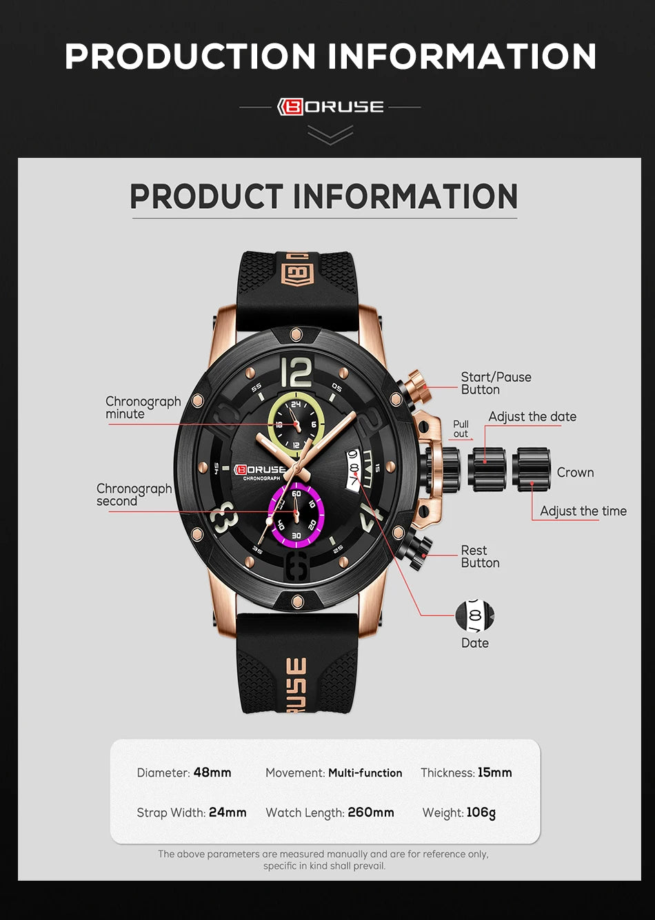 BORUSE Mens Fashion Sports Watches Brand Black Quartz Wristwatch Waterproof Luminous Man Silicone Chronos Business Wrist Watches