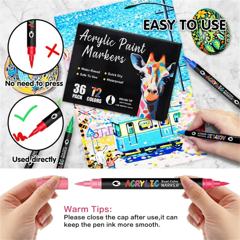 24/48/72 Acrylic Paint Markers: Dual Tip, Fast Drying Portable for Art Painting, Dot Art Coloring - Professional Artist Supplies