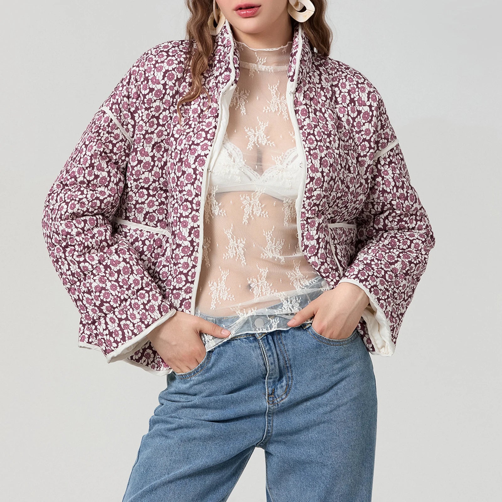 Sweet Women Fashion Autumn Long Sleeves Floral Print Quilted Coats With Pockets 2024 Female Casual Cardigan Tops Outwear