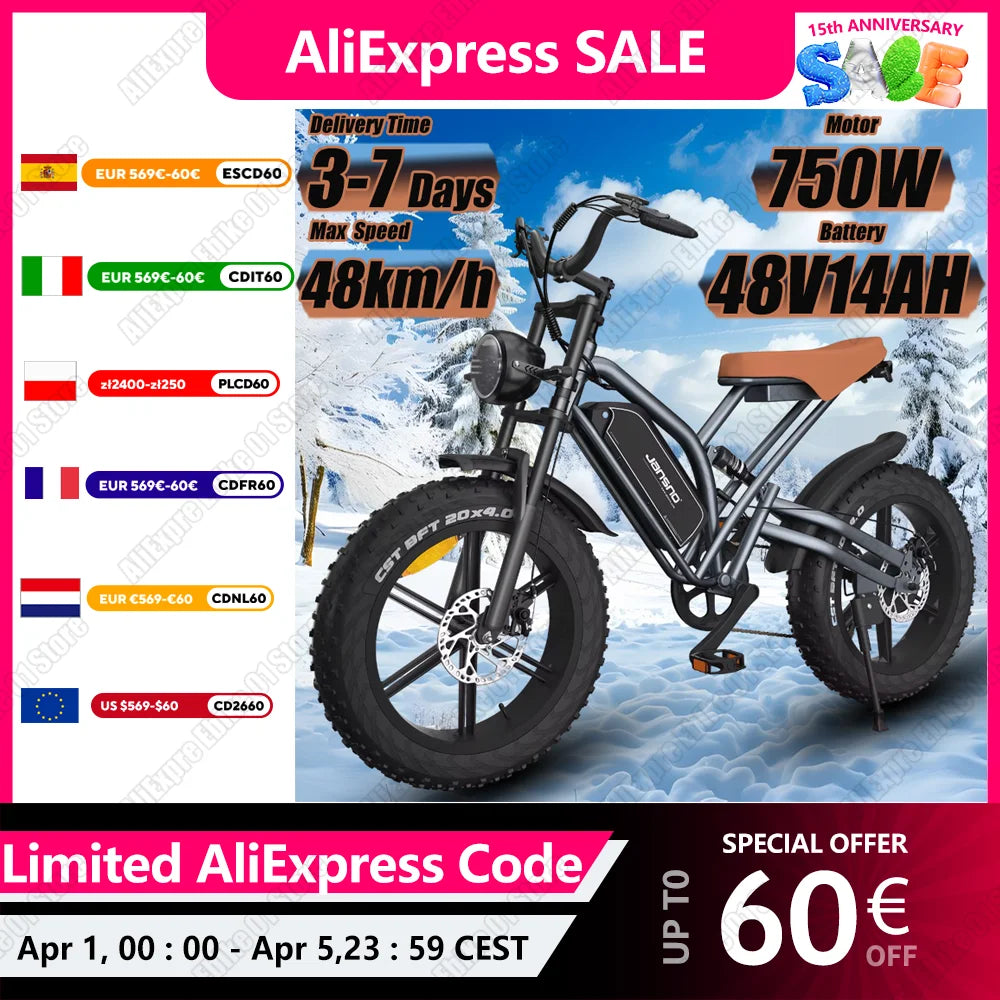 JANSNO X50 Electric Bike 750W Motor 48V14AH Battery 20*4 inch All Terrain Fat Tire Adult E Bike 7-Speed Shimano Electric Bicycle