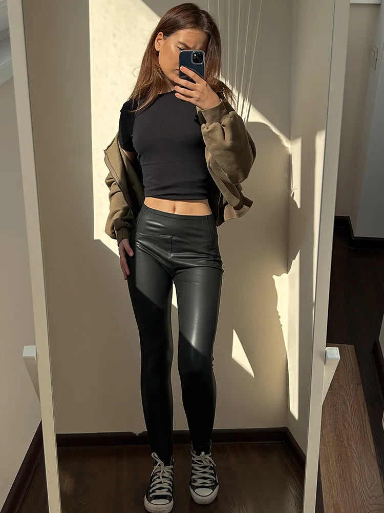 Winter Thin Fleece Pu Leather Leggings For Women High Waist Stretch Basic Faux Leather Pants Velvet Black PU  Warm Legging Women