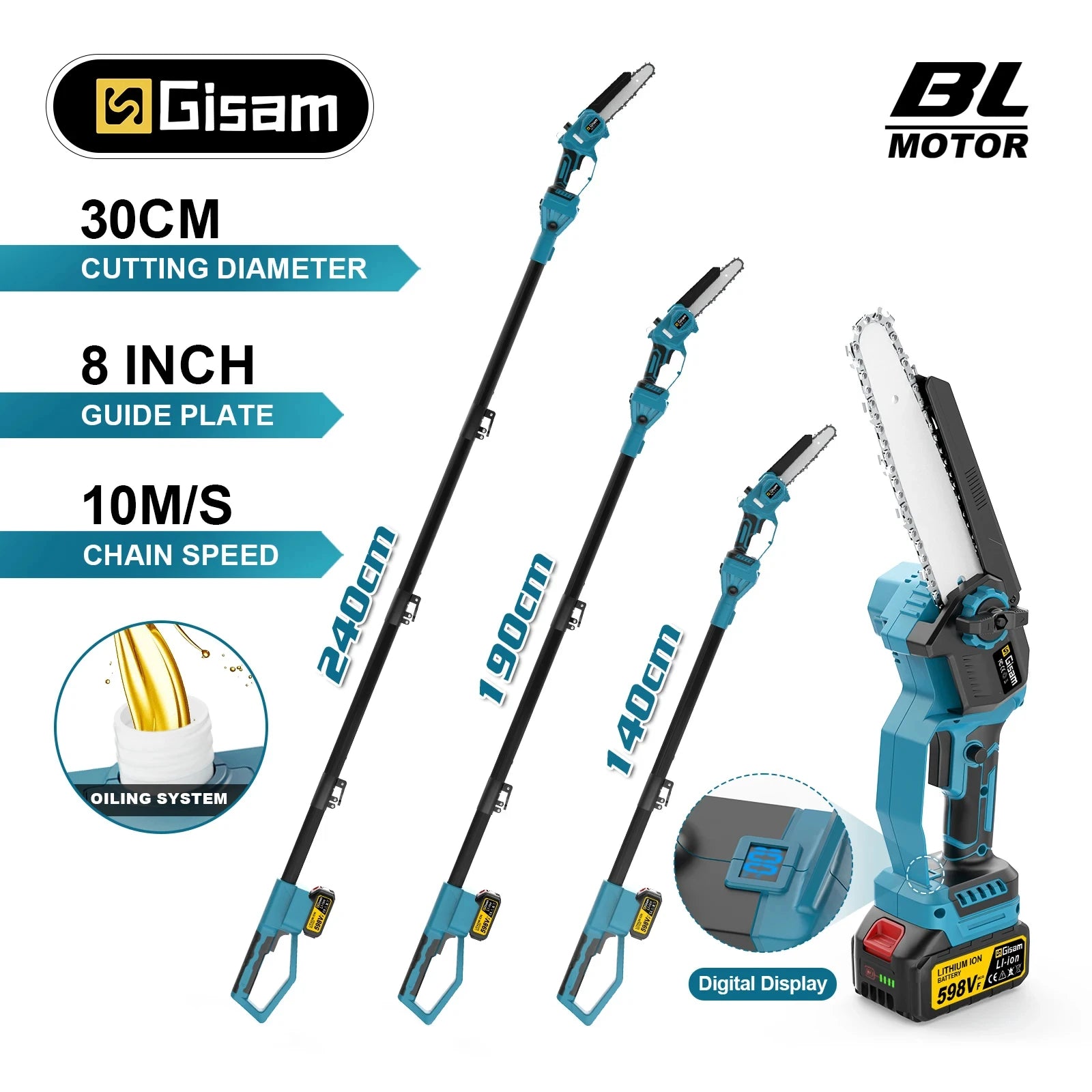 Gisam 8Inch Brushless Telescoping Pole Electric Chainsaw High Branch Saw Garden Pruning Power Tool For Makita 18V Battery Pin