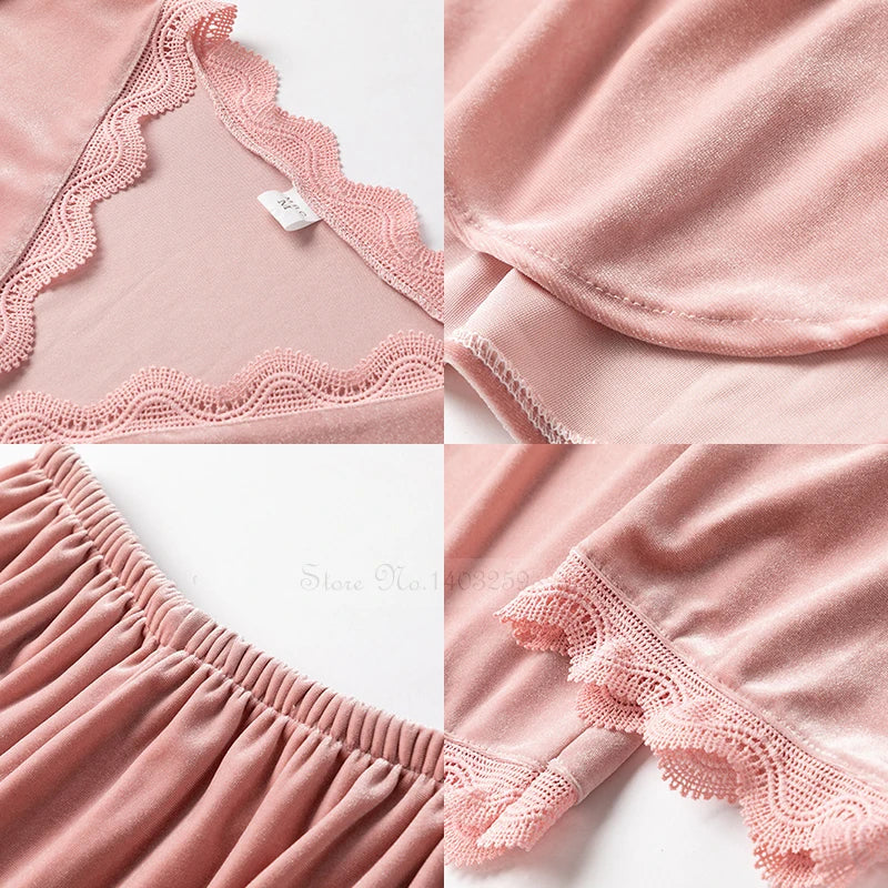 Velvet Pajamas Women Autumn Winter Sleepwear Long Sleeve Casual Nightwear Pyjamas Suit Loose Home Clothes Lace Trim Sleep Set