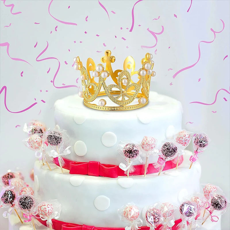 Mini Pearl Crown Cake Decoration Cupcake Topper Kids Hair Ornaments DIY Cake Baking Decoration For Wedding Birthday Party Decor