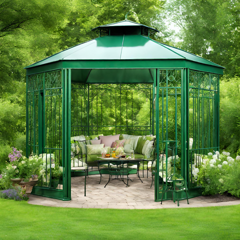 Metal Gazebo in backyard in summer