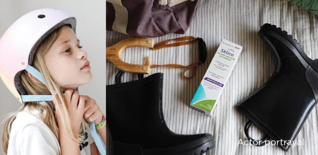 a collage of photos of a a photo of a young girl putting on a bicycle helmet next to package of Sklice on a bed among a pair of boots and other objects