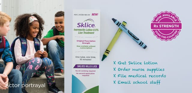 a collage of a photo of school kids next to a box of Sklice along with crayons