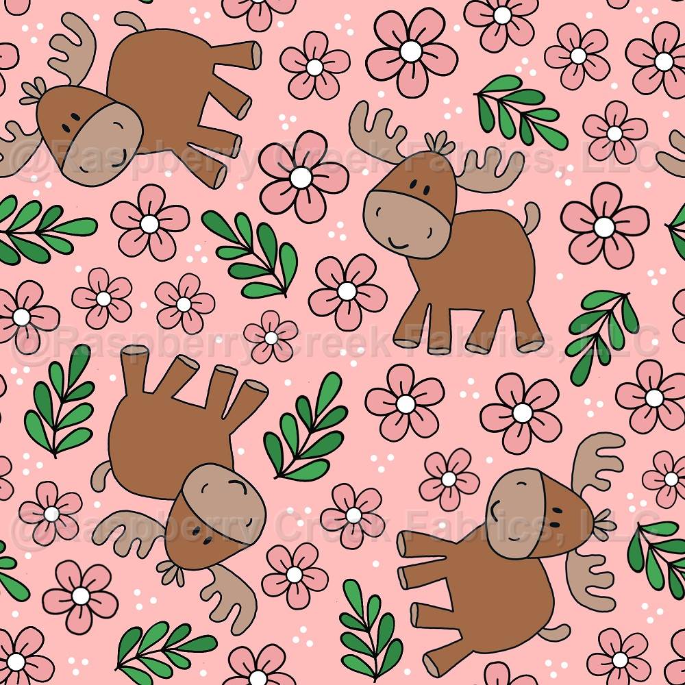 Moose and Daisy Flowers on Pink