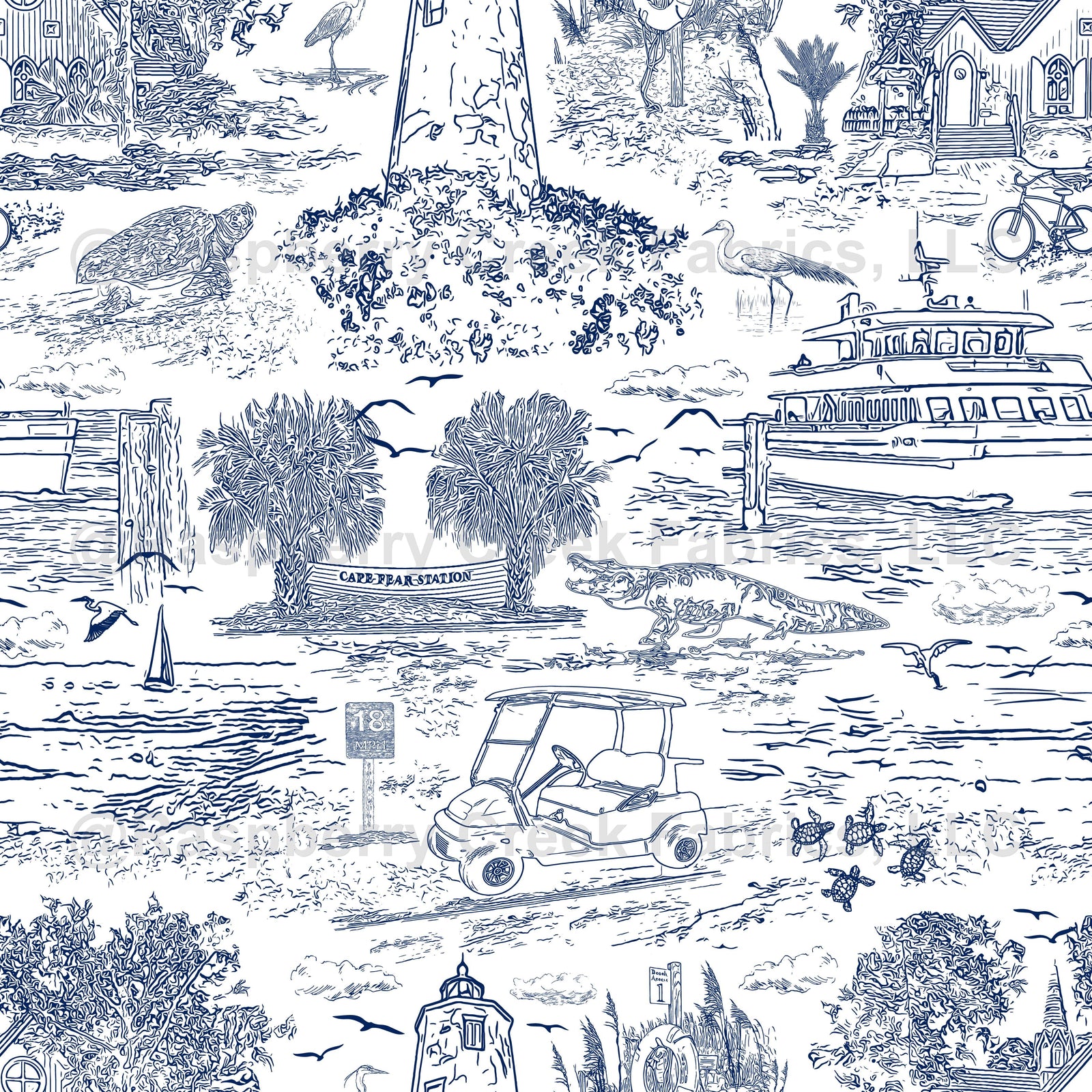 Bald Head Island Toile de Jouy Dark Navy Fabric, Raspberry Creek