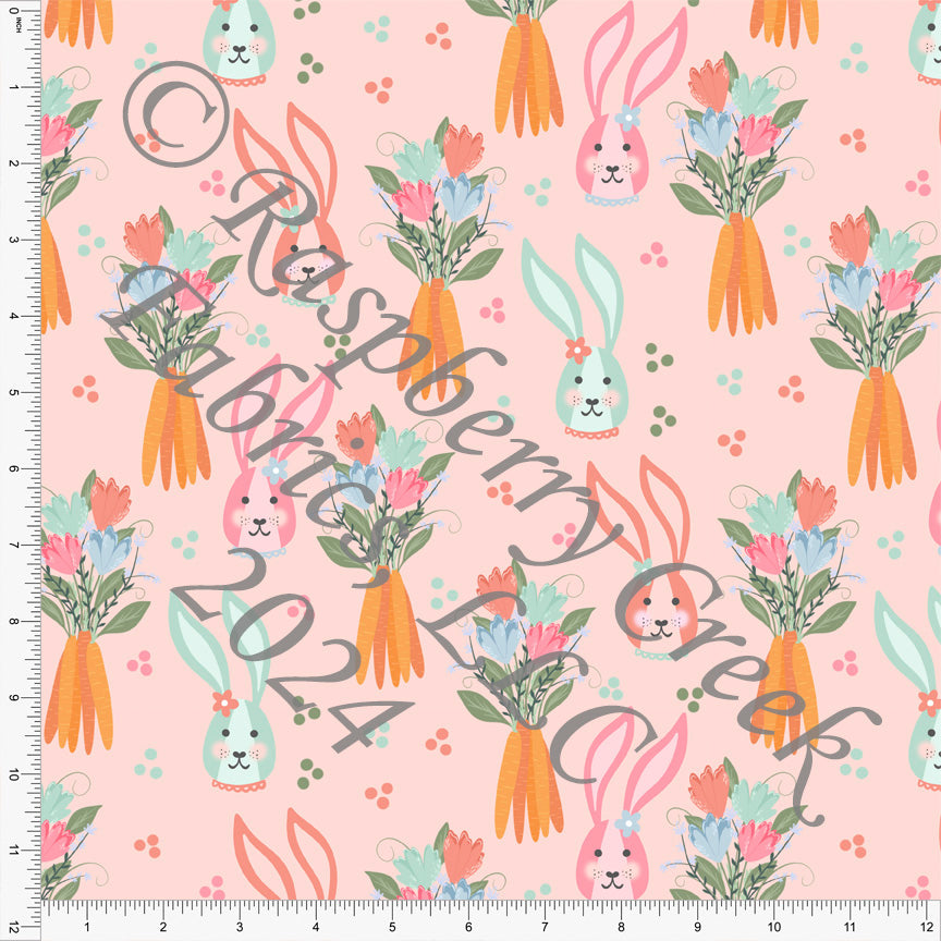 Hunter Green Sage and Light Teal on Light Green Bunny Print Fabric, Bunnies  and Flowers by Kelsey Shaw for CLUB Fabrics Fabric, Raspberry Creek Fabrics