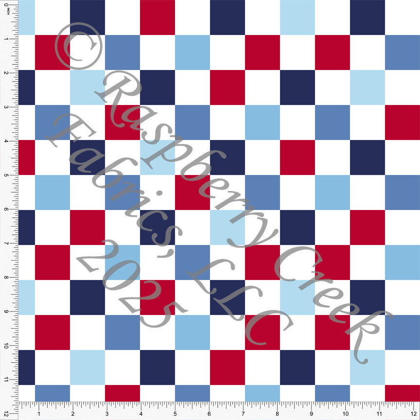 Light Blue Red Navy Blue and Steel Blue Multi Checker Print Fabric, Red White and Blue by Nice to Michiyo Design for CLUB Fabric