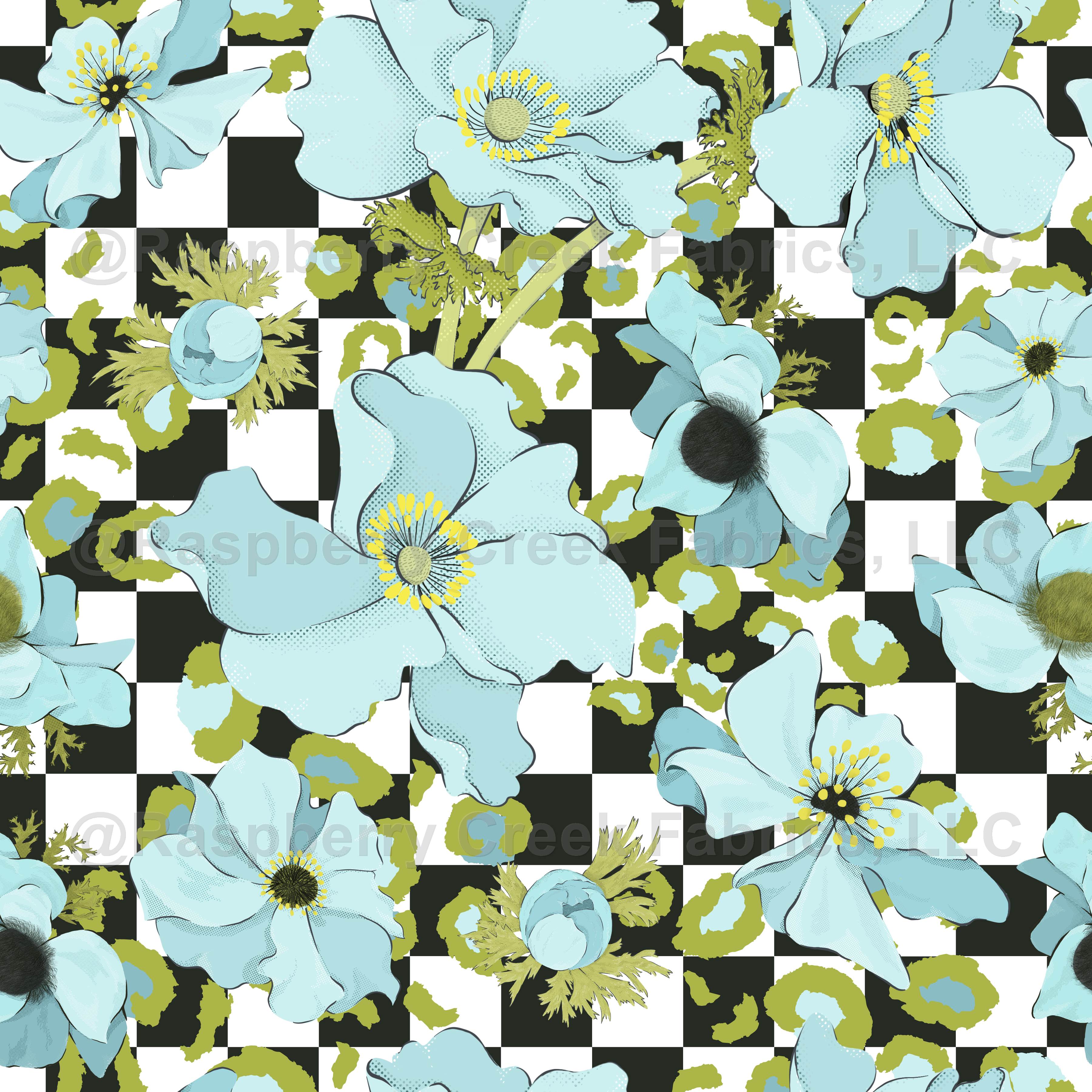 Blue Poppy Leopard Check large scale wallpaper