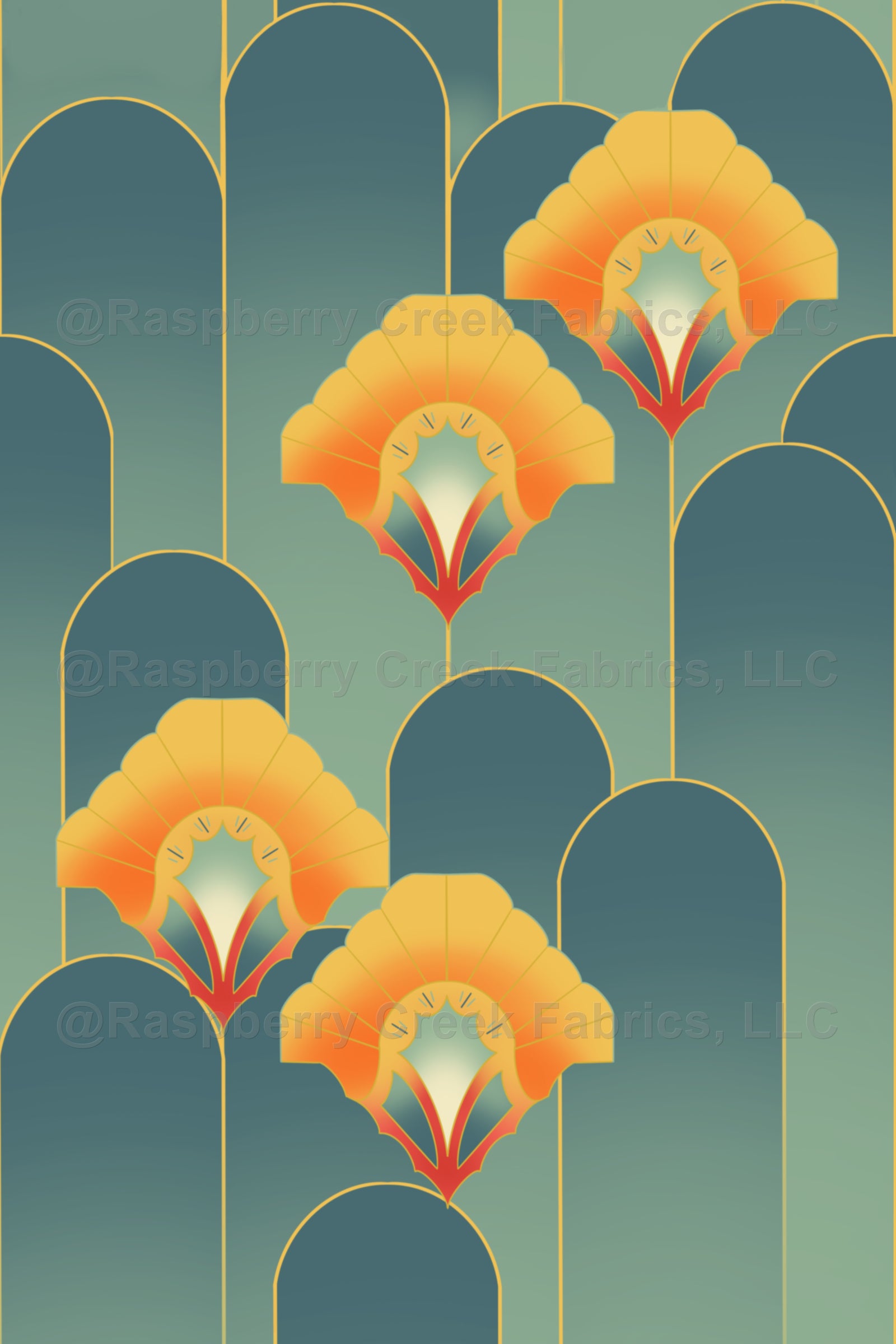 The New Twenties Modern Art Deco Shells - Rose Gold on Emerald Wallpaper  Wallpaper, Raspberry Creek Fabrics