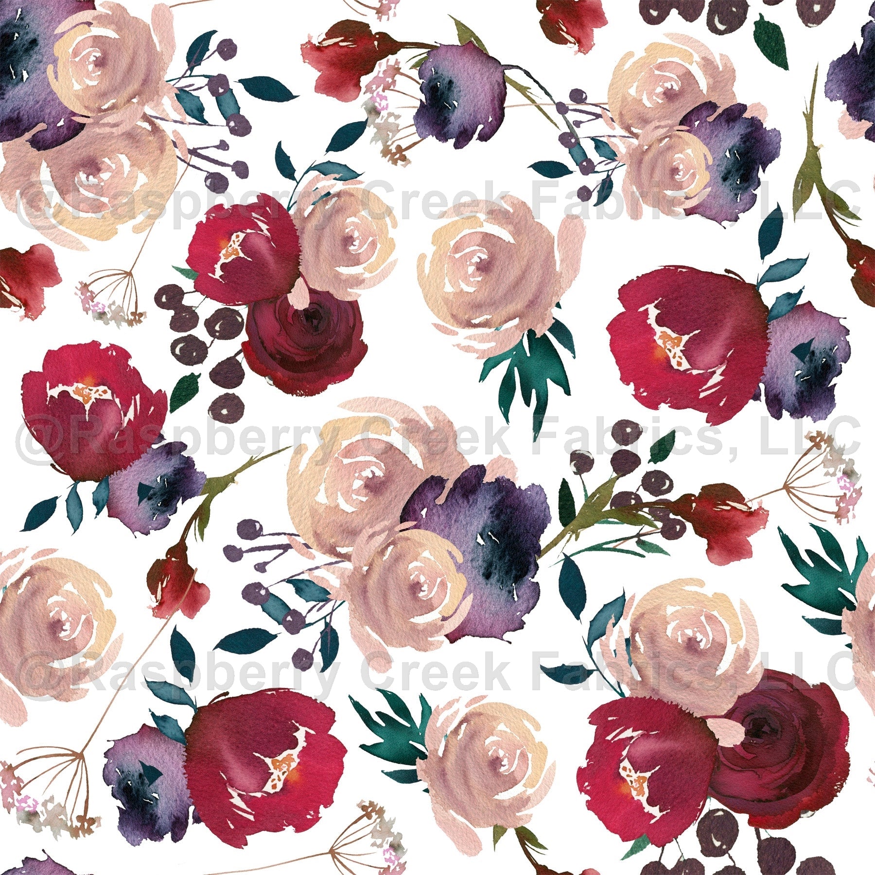 Burgundy Blush Teal and Eggplant Watercolor Floral Print Fabric Fabric,  Raspberry Creek Fabrics