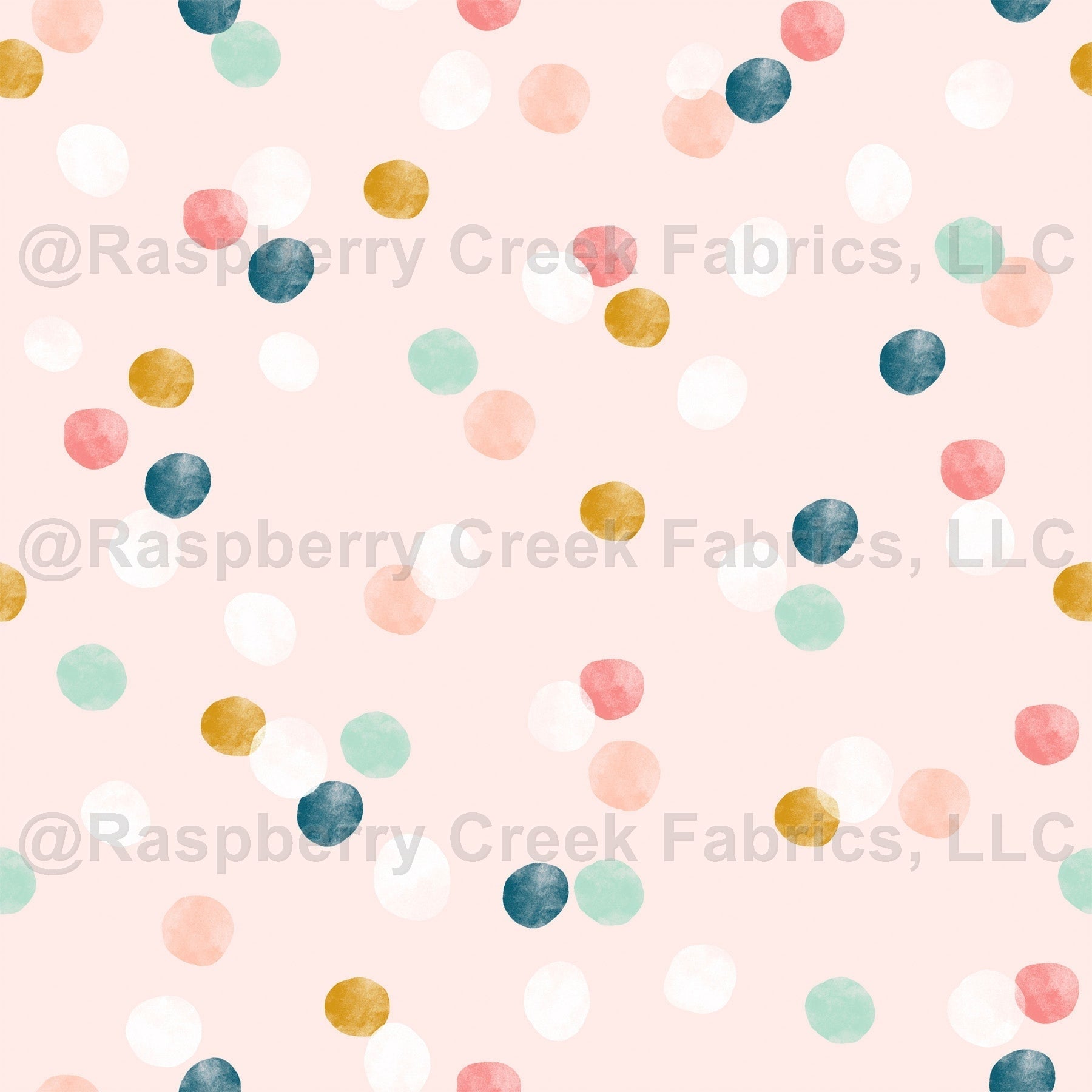 Coral Salmon Peach Pink Mustard and Teal Random Polka Dot Print Fabric, Hello Peach By Kim Henrie Fabric, Raspberry Creek Fabrics
