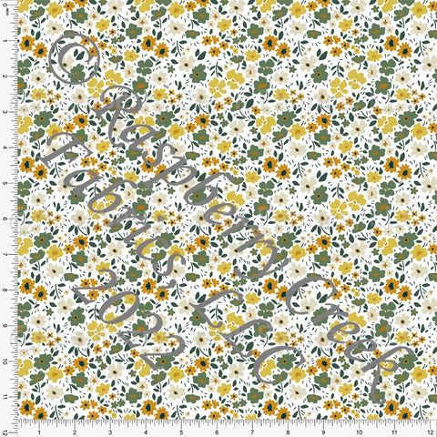 Mustard Yellow Navy and Khaki Sunflower Stripe Print Fabric, Fall Florals  by Brittney Laidlaw for CLUB Fabrics