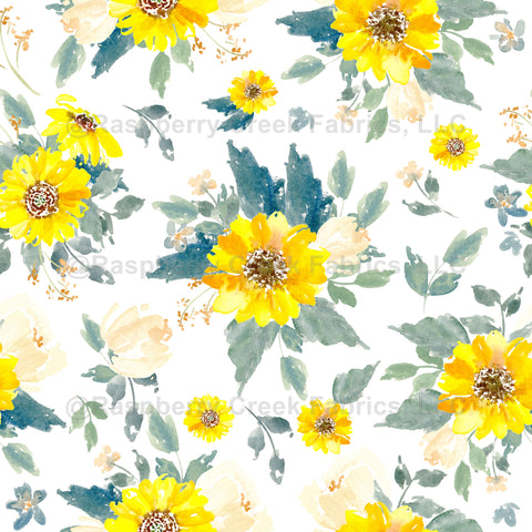 Mustard Yellow Navy and Khaki Sunflower Stripe Print Fabric, Fall Florals  by Brittney Laidlaw for CLUB Fabrics Fabric, Raspberry Creek Fabrics