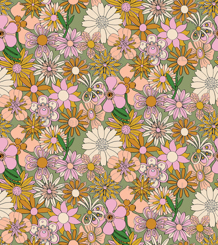 Mustard Sage and Eggplant Sunflower Pansy Floral Print Fabric, My Sunshine  by Alyssa Walsh for CLUB Fabrics Fabric, Raspberry Creek Fabrics