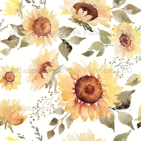 Mustard Sage and Eggplant Sunflower Pansy Floral Print Fabric, My Sunshine  by Alyssa Walsh for CLUB Fabrics Fabric, Raspberry Creek Fabrics