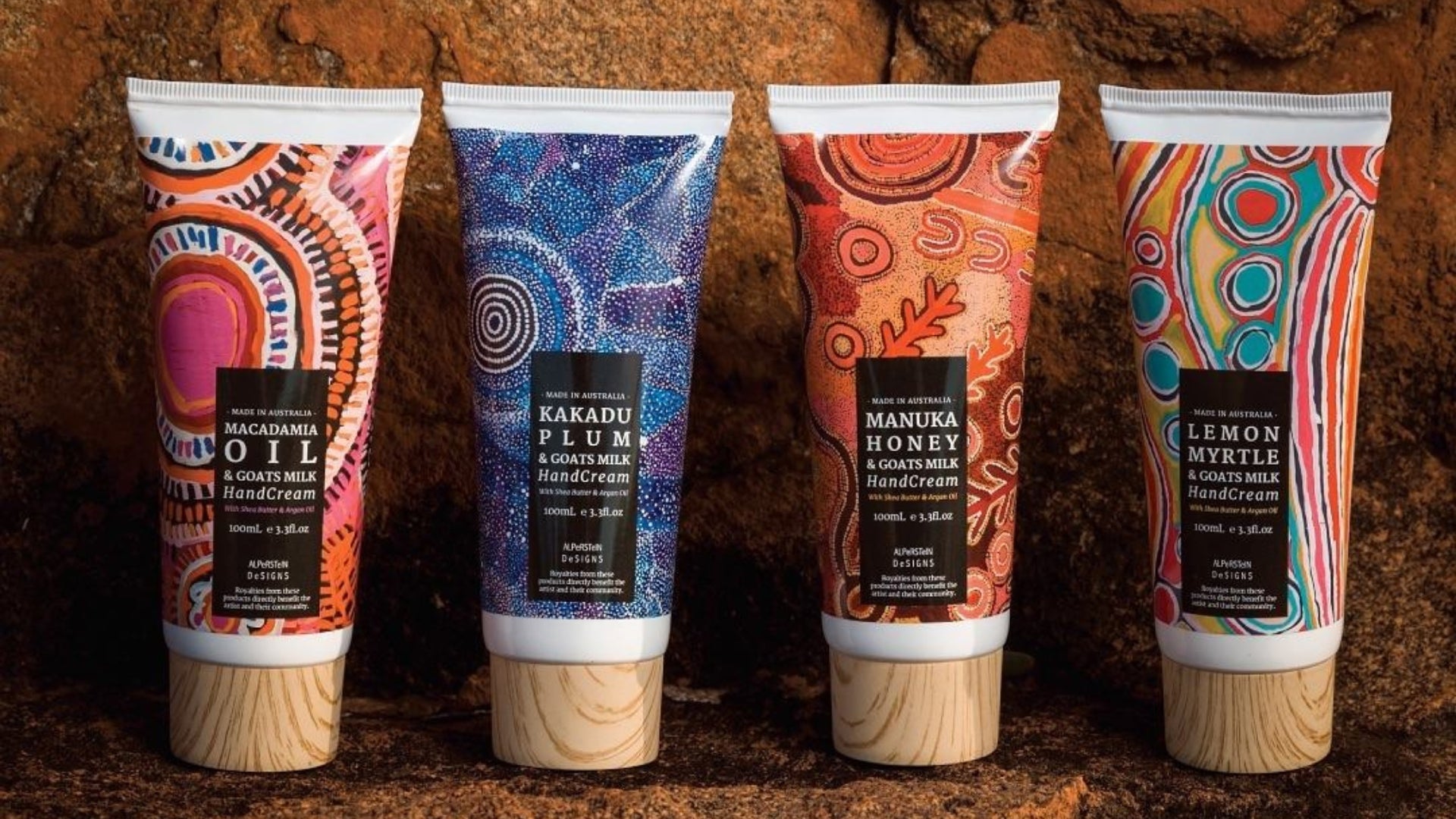 Alperstein Designs hand cream with Aboriginal art packaging